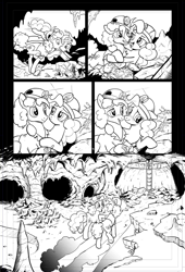 Size: 626x918 | Tagged: safe, artist:pencils, idw, cheese sandwich, pinkie pie, earth pony, pony, g4, season 10, spoiler:comic, spoiler:comic94, blushing, butt, cave, female, male, mare, monochrome, plot, ship:cheesepie, shipping, stallion, straight