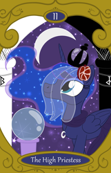 Size: 900x1400 | Tagged: safe, artist:sixes&sevens, princess luna, g4, crescent moon, crystal ball, food, moon, pomegranate, tarot card, the high priestess, veil