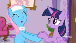 Size: 1366x768 | Tagged: safe, screencap, lotus blossom, twilight sparkle, alicorn, earth pony, pony, deep tissue memories, g4, my little pony: friendship is forever, 9now, cute, excited, eyes closed, female, hoof touching, mare, picture frame, ponyville, ponyville spa, spa, spa pony, twilight sparkle (alicorn)