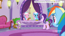 Size: 1366x768 | Tagged: safe, screencap, aloe, lotus blossom, rainbow dash, spike, starlight glimmer, twilight sparkle, alicorn, dragon, earth pony, pegasus, pony, deep tissue memories, g4, my little pony: friendship is forever, 9now, butt, excited, eyes closed, female, frown, glimmer glutes, group, hoof hold, implied pinkie pie, looking at each other, male, mare, picture frame, plot, ponyville, ponyville spa, quartet, quartet focus, smiling, spa, spa pony, winged spike, wings, youtube link