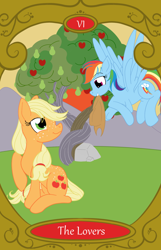 Size: 900x1400 | Tagged: safe, artist:sixes&sevens, applejack, rainbow dash, g4, apple, apple tree, female, intertwined trees, lesbian, mouth hold, pear tree, rock, ship:appledash, shipping, stolen accessory, tarot card, the lovers, tree