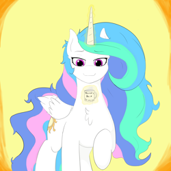 Size: 3000x3000 | Tagged: safe, artist:astrum, princess celestia, alicorn, pony, g4, bags under eyes, bed hair, chest fluff, coffee mug, digital art, female, flowing mane, flowing tail, folded wings, glowing horn, high res, horn, levitation, magic, mare, messy mane, missing accessory, morning ponies, mug, raised hoof, simple background, smiling, solo, steam, telekinesis, wings