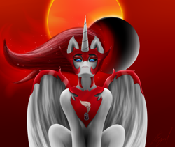 Size: 3840x3240 | Tagged: safe, oc, oc:fausticorn, alicorn, pony, armor, blue eyes, eclipse, evil, high res, lauren faust, looking at you, looking down, looking down at you, nightmarified, red hair