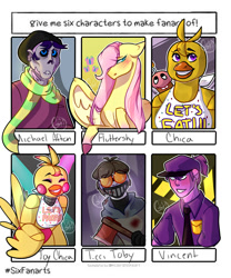 Size: 1660x2000 | Tagged: safe, artist:gnomehuts, fluttershy, human, pegasus, pony, g4, animatronic, axe, bust, chica, clothes, crossover, cupcake, face mask, female, five nights at freddy's, food, hat, male, mare, mask, michael afton, necktie, purple guy, scarf, six fanarts, ticci-toby, toy chica, vincent, weapon