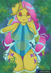 Size: 1518x2150 | Tagged: safe, artist:penlink, fluttershy, pegasus, anthro, g4, big breasts, both cutie marks, breasts, busty fluttershy, clothes, eyes closed, female, floating, legs in the water, legs together, lying down, mare, on back, one-piece swimsuit, outdoors, solo, swimming, swimsuit, water, watershy