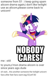 Size: 470x738 | Tagged: safe, artist:php11, edit, twilight sparkle, alicorn, pony, g4, alicorn drama, alicorn drama drama, crown, drama, engrish, female, impact font, jewelry, mare, metadrama, nobody cares, old drama, op has issues, op is a slowpoke, regalia, simple background, slowpoke, solo, text, twilight sparkle (alicorn), white background