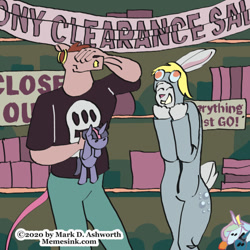 Size: 540x540 | Tagged: safe, derpy hooves, princess celestia, princess luna, twilight sparkle, oc, rabbit, rat, anthro, g4, animal, anthro oc, clothes, doll, eeee, facepalm, implied applejack, pajamas, patreon link, shelves, sign, store, store closing, toy