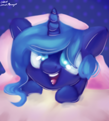 Size: 1080x1200 | Tagged: safe, artist:citrus-flamingo, princess luna, alicorn, pony, g4, blanket, cute, female, filly, lunabetes, signature, smiling, solo, woona, younger