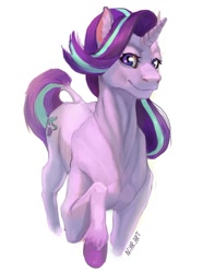 Size: 837x1125 | Tagged: safe, alternate version, artist:niar.art, starlight glimmer, pony, unicorn, g4, colored hooves, female, leonine tail, mare, raised hoof, signature, simple background, smiling, white background