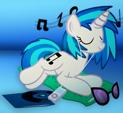 Size: 7200x6600 | Tagged: safe, artist:agkandphotomaker2000, dj pon-3, vinyl scratch, pony, unicorn, g4, album cover, earbuds, headphones, ipod, listening to music, mp3 player, music notes, pillow, resting, show accurate, simple background, vinyl disc, vinyl's glasses