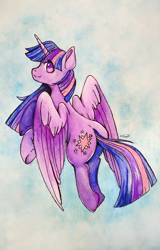 Size: 1836x2865 | Tagged: safe, artist:sailesnake, twilight sparkle, alicorn, pony, g4, butt, female, flying, looking at you, looking back, looking back at you, mare, plot, signature, smiling, solo, traditional art, twibutt, twilight sparkle (alicorn), watercolor painting