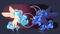Size: 1280x720 | Tagged: safe, artist:sailesnake, princess celestia, princess luna, alicorn, pony, g4, constellation, digital painting, duo, female, mare, moon, rearing, royal sisters, sisters, spread wings, sun, wings