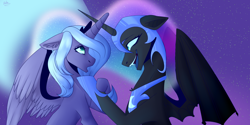 Size: 2000x1000 | Tagged: safe, artist:citrus-flamingo, nightmare moon, princess luna, alicorn, pony, g4, bat wings, duality, ethereal mane, fangs, female, floppy ears, hoof on chin, hoof shoes, looking at each other, mare, night, s1 luna, signature, smiling, stars, temptation, wings, younger
