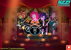 Size: 1280x907 | Tagged: safe, alternate version, artist:uzzi-ponydubberx, pinkie pie, starlight glimmer, sunset shimmer, twilight sparkle, equestria girls, g4, rainbow rocks, alternate design, alternate hairstyle, alternate universe, bass guitar, battery, bra, clothes, converse, dress, electric guitar, female, group, guitar, hair, hairstyle, heavy metal, humanized, jeans, jewelry, looking at you, metal, metallica, microphone, microphone stand, musical instrument, new hairstyle, open mouth, pants, patreon, patreon logo, punklight sparkle, quartet, ripped pants, rock (music), scene interpretation, shoes, short shirt, shrunken pupils, simple background, singing, sleeveless, smiling, sneakers, socks, sunset shredder, tank top, tongue out, trace, underwear