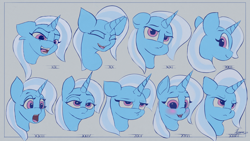 Size: 4038x2271 | Tagged: safe, artist:auroriia, trixie, pony, unicorn, g4, blushing, bust, expressions, eyes closed, female, floppy ears, frown, lidded eyes, looking at you, looking back, looking back at you, mare, open mouth, pouting, smiling, solo