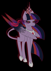 Size: 2070x2897 | Tagged: safe, artist:endilia17, twilight sparkle, alicorn, classical unicorn, pony, unicorn, series:corrupt princesses, g4, black background, clothes, cloven hooves, color change, colored hooves, corrupted, corrupted twilight sparkle, dark magic, darkened coat, darkened hair, female, high res, horn, jewelry, leonine tail, magic, necklace, regalia, shoes, simple background, slit pupils, solo, sombra eyes, tiara, twilight sparkle (alicorn), unshorn fetlocks