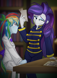 Size: 2200x3000 | Tagged: safe, artist:geraritydevillefort, rainbow dash, rarity, the count of monte rainbow, equestria girls, g4, clothes, female, high res, rainbow dantes, rarifort, sweat, the count of monte cristo, villefort