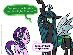 Size: 2048x1536 | Tagged: safe, artist:melspyrose, queen chrysalis, starlight glimmer, changeling, changeling queen, pony, unicorn, g4, a better ending for chrysalis, character development, crown, crying, cute, cutealis, dialogue, duo, female, forgiveness, glimmerbetes, jewelry, looking at each other, mare, reformed, regalia, simple background, smiling, speech bubble, white background