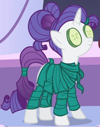 Size: 948x1205 | Tagged: safe, screencap, rarity, pony, unicorn, g4, green isn't your color, clothes, cropped, cucumber, female, food, hair up, mare, ponytail, ponyville spa, robe, seaweed wrap, solo, spa