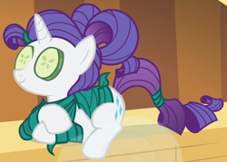 Size: 1666x1191 | Tagged: safe, screencap, rarity, pony, unicorn, g4, green isn't your color, cropped, cucumber, female, food, hair up, lying down, mare, ponytail, prone, sauna, seaweed wrap, solo, spa