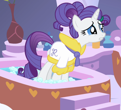 Size: 1546x1397 | Tagged: safe, screencap, rarity, pony, unicorn, g4, green isn't your color, bath, bathrobe, clothes, cropped, female, hair up, mare, ponytail, ponyville spa, robe, solo, spa, worried
