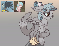 Size: 2103x1641 | Tagged: safe, artist:caramelbolt24, cozy glow, gabby, oc, griffon, hippogriff, pegasus, pony, g4, abstract background, crack ship offspring, ear fluff, female, filly, hippogriff oc, interspecies offspring, magical lesbian spawn, offspring, parent:cozy glow, parent:gabby, screencap reference, signature, wings