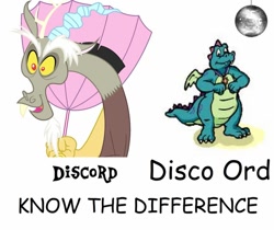Size: 975x820 | Tagged: safe, artist:novella-book-pony, discord, draconequus, dragon, g4, the return of harmony, disco, dragon tales, duo, duo male, funny, funny as hell, know the difference, male, meme, ord, simple background, text, umbrella, white background