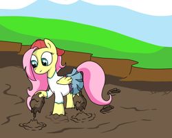 Size: 2000x1600 | Tagged: safe, artist:amateur-draw, fluttershy, pegasus, pony, g4, 90s grunge fluttershy, baseball cap, cap, clothes, female, hat, mare, messy, mud, mud pit, muddy, muddy hooves, pond, simple background, skirt, solo