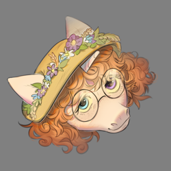 Size: 2000x2000 | Tagged: safe, artist:angry_platypus, oc, oc only, pony, unicorn, curly hair, cute, female, floral head wreath, flower, freckles, glasses, hat, heterochromia, high res, mare, simple background, solo