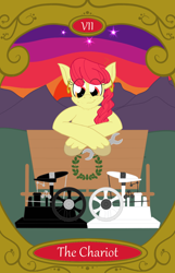 Size: 900x1400 | Tagged: safe, artist:sixes&sevens, apple bloom, g4, cart, ear piercing, earring, freckles, jewelry, motor, older, older apple bloom, piercing, sunset, tarot card, the chariot, wrench