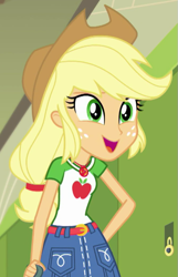 Size: 445x693 | Tagged: safe, screencap, applejack, a queen of clubs, equestria girls, equestria girls series, g4, applejack's hat, clothes, cowboy hat, cropped, cute, denim skirt, female, geode of super strength, hat, jackabetes, magical geodes, skirt, solo