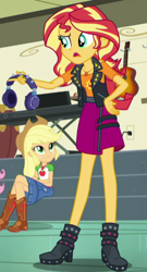Size: 324x598 | Tagged: safe, screencap, applejack, sunset shimmer, equestria girls, equestria girls series, g4, overpowered (equestria girls), cropped, female, geode of empathy, geode of super strength, magical geodes