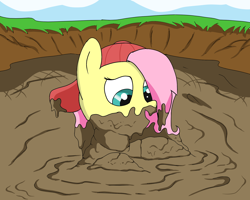 Size: 2000x1600 | Tagged: safe, artist:amateur-draw, fluttershy, pegasus, pony, g4, 90s grunge fluttershy, baseball cap, cap, clothes, covered in mud, female, hat, mare, messy, mud, mud bath, mud pit, muddy, pond, simple background, sinking, solo, wet and messy