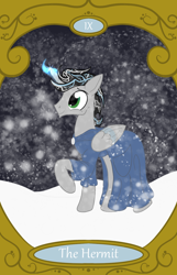 Size: 900x1400 | Tagged: safe, artist:sixes&sevens, oc, oc:prince mentiad, alicorn, pony, alicorn oc, cloak, clothes, horn, snow, tarot card, the hermit, wings