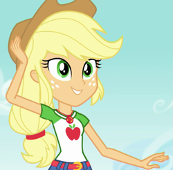 Size: 729x718 | Tagged: safe, screencap, applejack, human, equestria girls, g4, my little pony equestria girls: better together, the finals countdown, cropped, female, geode of super strength, magical geodes, smiling, solo