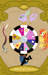 Size: 900x1400 | Tagged: safe, artist:sixes&sevens, baast, discord, sunset shimmer, g4, anubis, tarot card, wheel of fortune