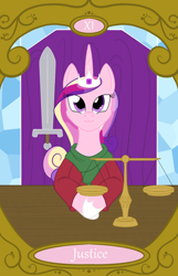 Size: 900x1400 | Tagged: safe, artist:sixes&sevens, princess cadance, g4, crossed hooves, justice, scales, sword, tarot card, weapon