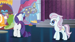 Size: 1920x1080 | Tagged: safe, screencap, north point, rarity, pony, unicorn, canterlot boutique, g4, butt, clothes, dress, female, in-spire-ation, magic, plot, rearity, telekinesis
