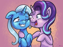 Size: 2048x1536 | Tagged: safe, artist:catscratchpaper, starlight glimmer, trixie, pony, unicorn, g4, abstract background, floppy ears, one eye closed, open mouth, silly face