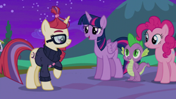 Size: 1280x720 | Tagged: safe, screencap, moondancer, pinkie pie, spike, twilight sparkle, alicorn, dragon, earth pony, pony, unicorn, amending fences, g4, clothes, female, glasses, male, mare, raised hoof, sweater, twilight sparkle (alicorn)