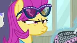 Size: 1280x720 | Tagged: safe, screencap, pursey pink, earth pony, pony, fake it 'til you make it, g4, female, glare, glasses, mare, solo, squint