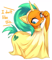 Size: 3200x3700 | Tagged: safe, alternate version, artist:maren, smolder, dragon, pony, unicorn, g4, horse play, blushing, clothes, costume, dialogue, dragoness, female, high res, pony costume, prosthetic butt, simple background, solo, stage, sweat, sweatdrops, white background