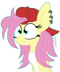 Size: 1211x1452 | Tagged: safe, artist:puperhamster, fluttershy, pegasus, pony, g4, 90s grunge fluttershy, alternate hairstyle, baseball cap, cap, ear piercing, female, hat, mare, piercing, simple background, smiling, solo, transparent background