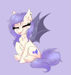 Size: 2153x2304 | Tagged: safe, artist:confetticakez, oc, oc only, oc:star violet, bat pony, pony, :p, bat pony oc, bat wings, blushing, chest fluff, cute, cute little fangs, eyes closed, fangs, female, high res, mare, piercing, simple background, sitting, solo, tongue out, underhoof, wings