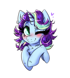 Size: 1725x1920 | Tagged: safe, artist:confetticakez, oc, oc only, oc:moonlight glisten, pony, unicorn, blushing, chest fluff, female, mare, one eye closed, simple background, solo, white background, wink