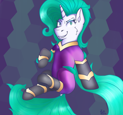 Size: 3128x2914 | Tagged: safe, artist:legionsunite, mane-iac, oc, oc only, oc:magenta pulse, pony, unicorn, g4, bodysuit, clothes, cosplay, costume, evil grin, female, grin, high res, mare, simple background, smiling, smirk, solo, tentacle hair