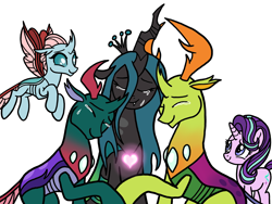 Size: 2048x1536 | Tagged: safe, artist:melspyrose, ocellus, pharynx, queen chrysalis, starlight glimmer, thorax, changedling, changeling, changeling queen, pony, unicorn, g4, a better ending for chrysalis, changedling brothers, character development, crying, cute, cutealis, diaocelles, eyes closed, female, imminent transformation, king thorax, male, mare, pharybetes, prince pharynx, simple background, tears of joy, teary eyes, thorabetes, white background