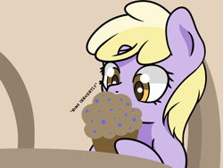 Size: 1600x1200 | Tagged: safe, artist:dinkyuniverse, dinky hooves, pony, unicorn, g4, blueberry muffin (food), chair, cute, dinkabetes, eating, female, filly, foal, food, herbivore, innocent, kitchen, muffin, munching, nom, table, that pony sure does love muffins