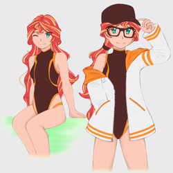Size: 1791x1791 | Tagged: safe, artist:deeemperor, color edit, edit, editor:michaelsety, sunset shimmer, equestria girls, adorasexy, anime, cap, clothes, cute, eye clipping through hair, female, glasses, hat, high-cut clothing, human coloration, jacket, light skin, light skin edit, looking at you, one-piece swimsuit, ponytail, sexy, shimmerbetes, simple background, sitting, skin color edit, smiling, solo, sunspecs shimmer, swimsuit, thighs, white background, wide hips