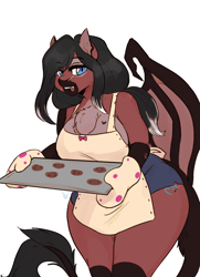 Size: 1500x2070 | Tagged: safe, artist:arnachy, oc, oc only, oc:lady lovegreen, dracony, dragon, hybrid, anthro, anthro oc, apron, chest fluff, clothes, cookie, curvy, digital art, fangs, female, food, mare, milf, mother, oven mitts, scar, shorts, simple background, slit pupils, smiling, solo, torn ear, tray, wide hips